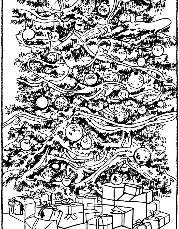 Prompt: comic book line art of a christmas tree