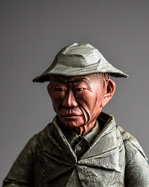 Image similar to an origami wrinkled old fisherman akira yoshizawa, realistic, very detailed, complex, intricate, studio lighting, bokeh, sigma 5 0 mm f 1. 4