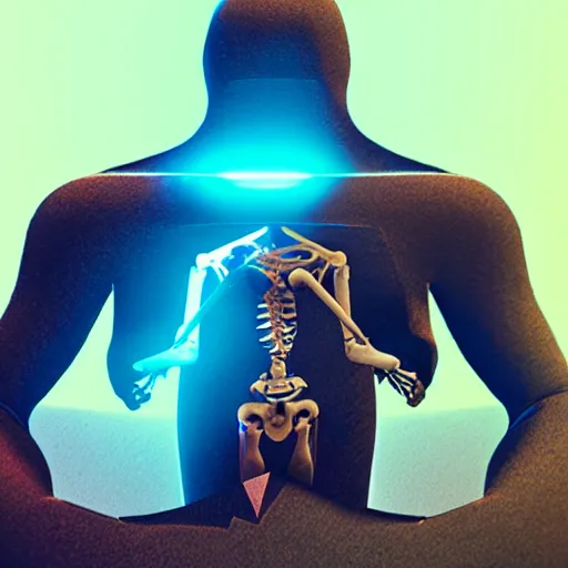 Prompt: A portrait of two skeletons locked hugging as their torso emerges from a portal by Beeple