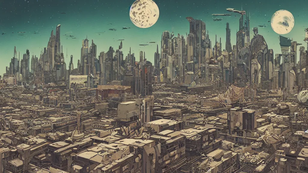 Image similar to very detailed, prophet graphic novel, ilya kuvshinov, mcbess, rutkowski, simon roy, illustration of decrepit arcologies skyline dystopian megacity with space junk floating in the sky on a dead planet earth, wide shot, colorful, deep shadows, astrophotography