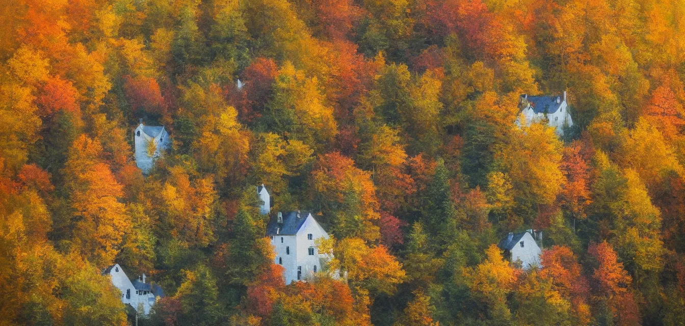 Image similar to a painting of sparse stone cottages underneath a dense tall forest, with pristine reflex from cascading ponds. gorgeous, elegant, sophisticated, an ultrafine painting, intricate brush strokes, bright depth oil colors, photography by araken alcantara. intense promiseful illumination, autumn sunrise warm light, detailed and intricate environment of hopeful bodyscapes