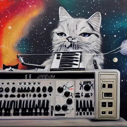 Prompt: Street-art painting of cats on synthesizer in space, style of Banksy, photorealism