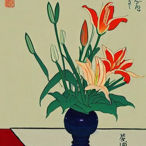 Prompt: A painting of a vase of lilies by painter Feng Zikai