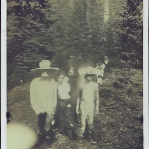 Image similar to really old polaroid photograph of horrorific extraterrestrial beings visiting earth,