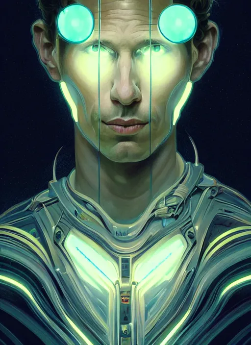 Image similar to symmetry!! portrait of glenn howerton, sci - fi, tech wear, glowing lights!! intricate, elegant, highly detailed, digital painting, artstation, concept art, smooth, sharp focus, illustration, art by artgerm and greg rutkowski and alphonse mucha