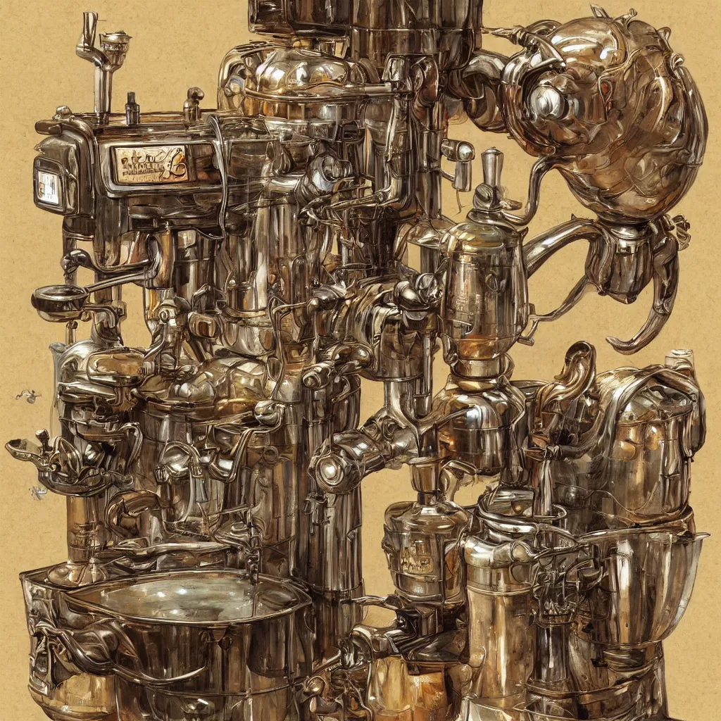 Image similar to highly detailed illustration of an ancient coffee machine, by Simon Stalenhaag, by Yoshita Amano, by Esao Andrews, sharp focus, fresh colors, conceptart, trending on artstation