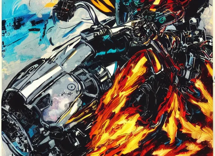 Image similar to marvel ghost rider, wearing futuristic cybernetic battle armor, riding a cyberpunk styled akira motorcycle, by ashley wood, yoji shinkawa, jamie hewlett, 6 0's french movie poster, french impressionism, vivid colors, palette knife and brush strokes