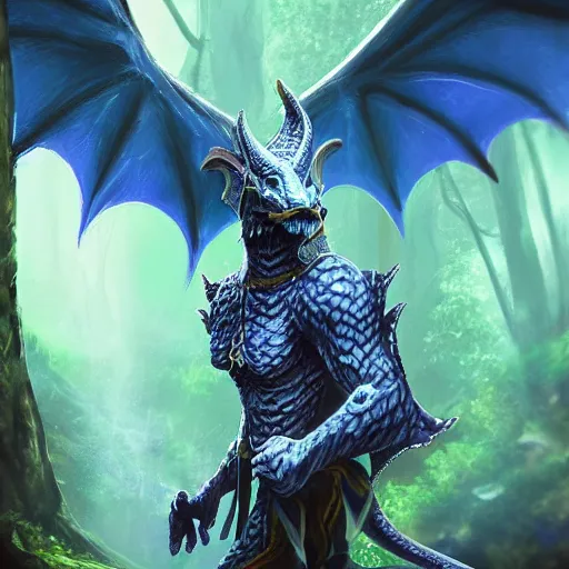 Image similar to A dragonborn with blue scales in a rainforest, trending on artstation, digital art