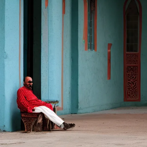 Image similar to a man sitting on a bench in front of a building, a character portrait by kamal ud - din behzad, featured on unsplash, neo - primitivism, matte photo, photo taken with ektachrome, studio portrait