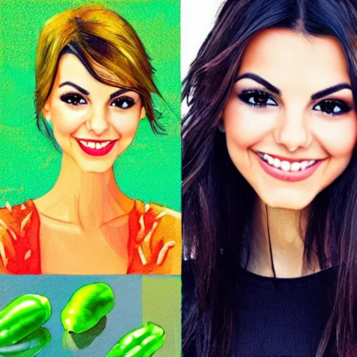 Image similar to one face shot of victoria justice in a jalapeno by 5 randomly selected famous illustrators. vastly enriched image quality. lucidly vivid. iridescentally detailed. extremely elegant and beautiful.