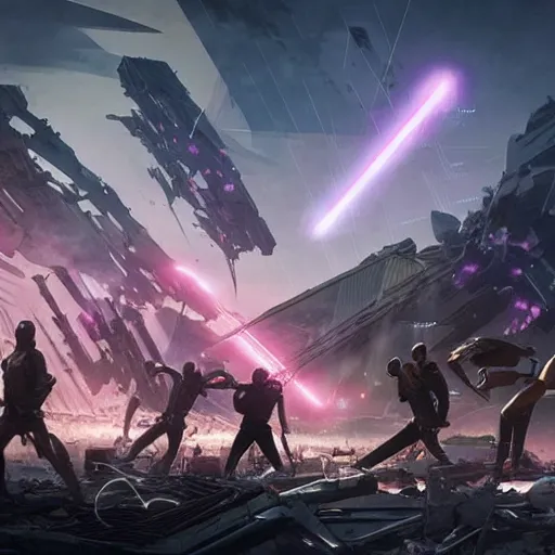 Image similar to mace windu fighting a group of pterodactyls flying over him in a destroyed cyberpunk city shooting lasers by greg rutkowski