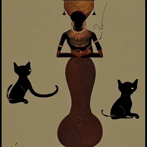 Image similar to a brown skinned black woman, with two cats, elegant, intricate, digital painting, smooth, sharp focus, illustration, salvador dali, ancient egypt, art deco, garden, diamonds