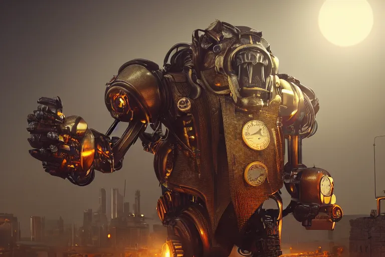 Prompt: a giant robotic ape, steampunk, night, atmospheric lighting, trending in artstation, octane render, 4k,