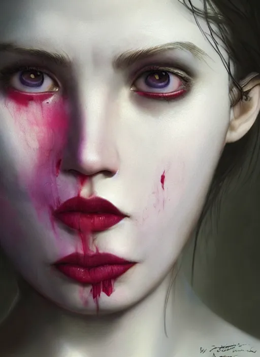 Prompt: portrait of sinister girl with pouty aerochrome lips, fungal, unforgivable, cute bandaid on nose!!, expressive eyes, playful pose of a demon, greg rutkowski, charlie bowater, yuumei, stephen gammell, unreal 5, daz, hyperrealistic, octane render, rpg portrait, dynamic lighting, fantasy art, beautiful face