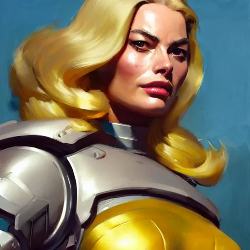 Image similar to greg manchess portrait painting of fully armored and armed margot robbie as overwatch character, close - up shot, asymmetrical, profile picture, organic painting, sunny day, matte painting, bold shapes, hard edges, street art, trending on artstation, by huang guangjian and gil elvgren and sachin teng