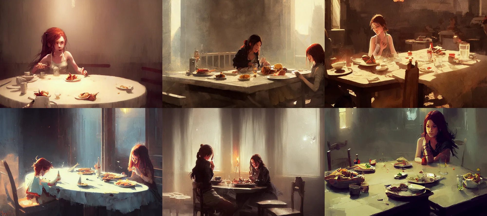 Prompt: lillymon eating dinner at a table happiness is temporary by greg rutkowski