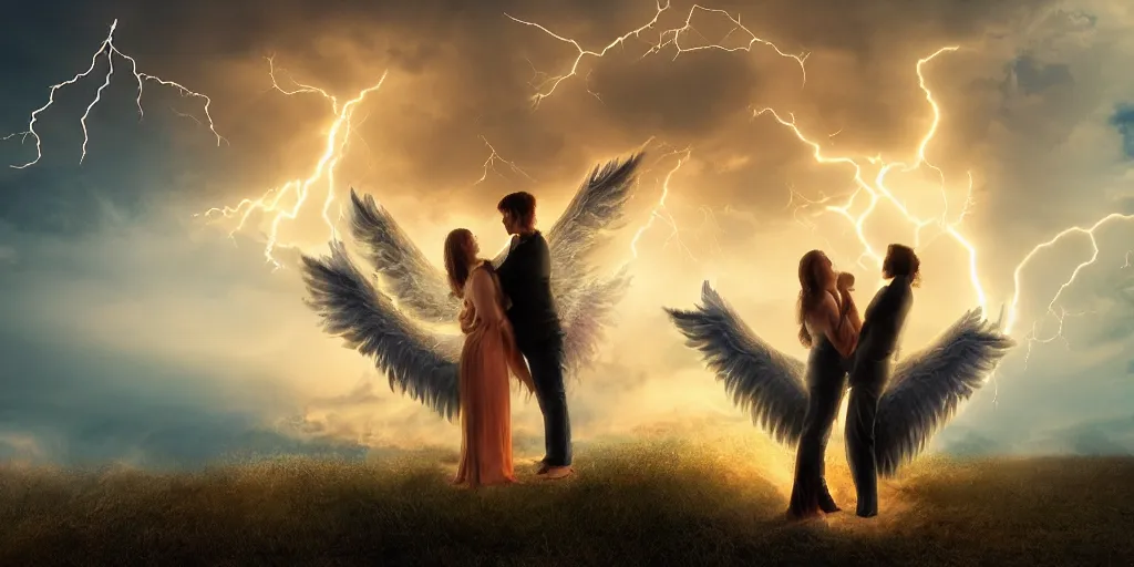 Prompt: young couple falling through clouds, winged angel kissing demon with tail. background clouds, illuminated by lightning and fire. highly detailed. photorealistic