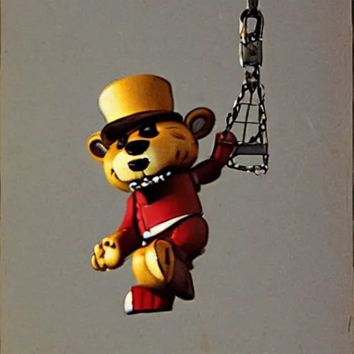 Image similar to vintage photograph of freddy fazbear being dangled by a helicopter