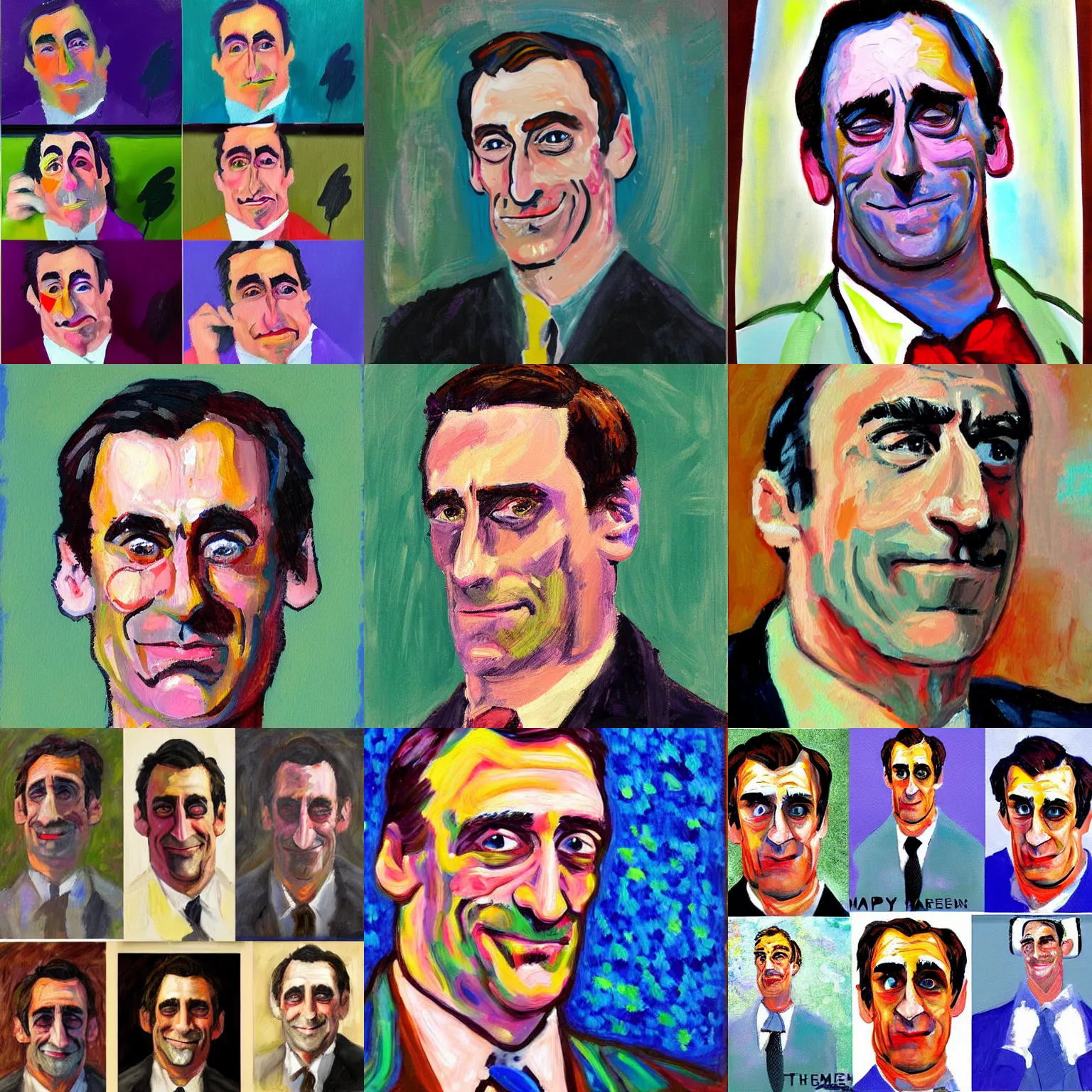 Prompt: happy John Hamm painted in various post impressionist styles