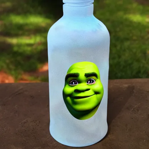 Image similar to a children's bottle inspired and themed by shrek's design, a bottle n the shape of shrek, high quality product, product design, sherek head design as a bottle,