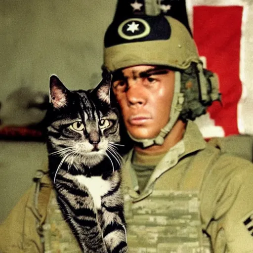 Prompt: an american soldier as a cat in military gear, vietnam, 1 9 7 0 restored photograph