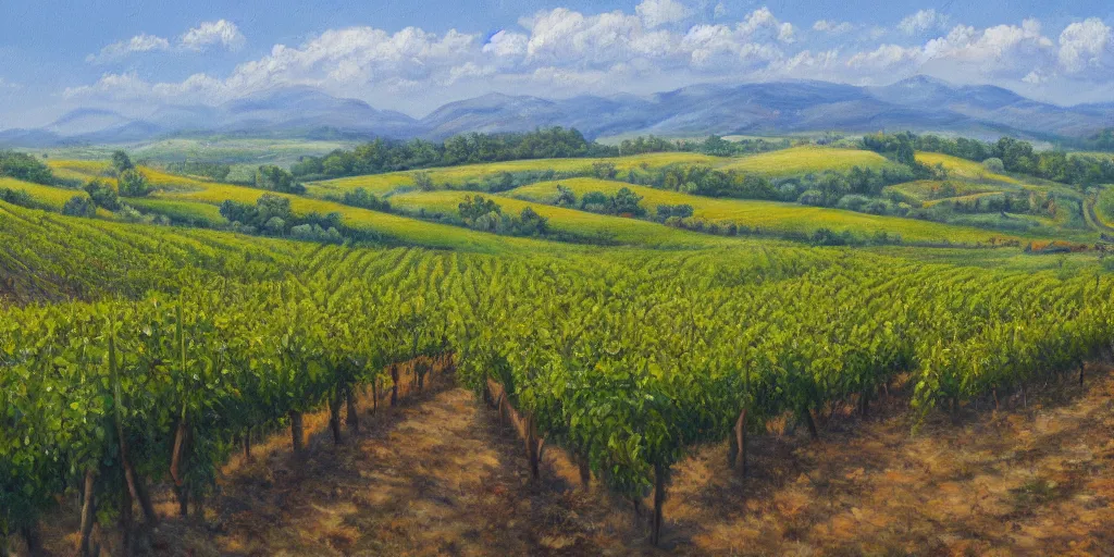 Image similar to a beautiful landscape painting of a sprawling vista with vineyards, by zohar flax, oil on canvas, highly detailed, hd, 4 k