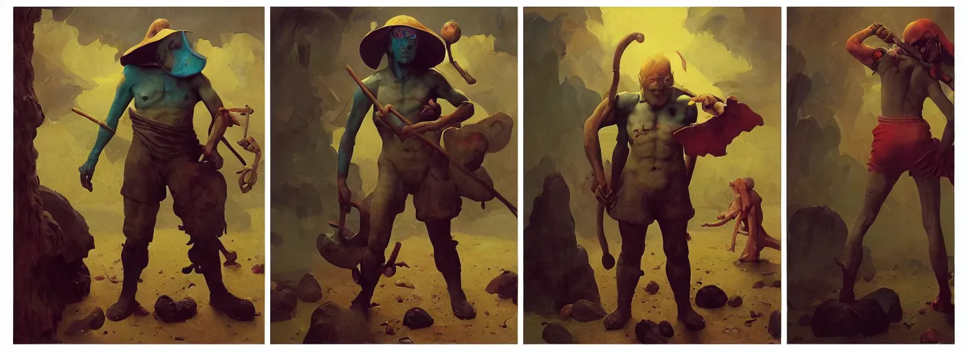 Image similar to full - body portrait surreal colorful clay fighting artstation rpg barbarian character concept art anatomy, action pose, very coherent and colorful high contrast masterpiece by norman rockwell franz sedlacek hieronymus bosch dean ellis simon stalenhag rene magritte gediminas pranckevicius, dark shadows, sunny day, hard lighting, reference sheet white! background