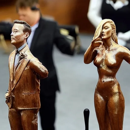 Prompt: “elon musk and amber heard statue made of wood, overlooking a courtroom, highly detailed, intricate”