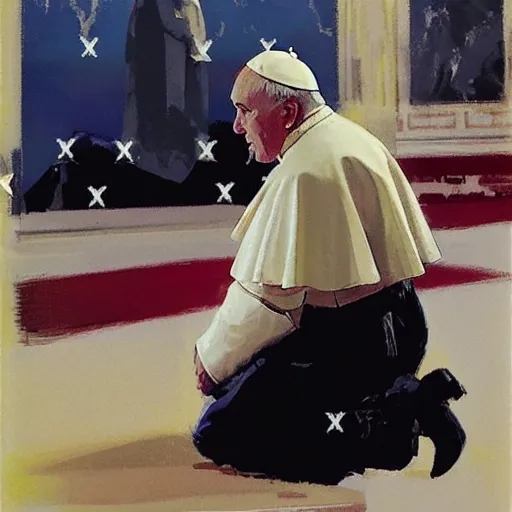 Prompt: pope kneeling in front of donald trump, detailed by greg manchess, craig mullins, bernie fuchs, walter everett