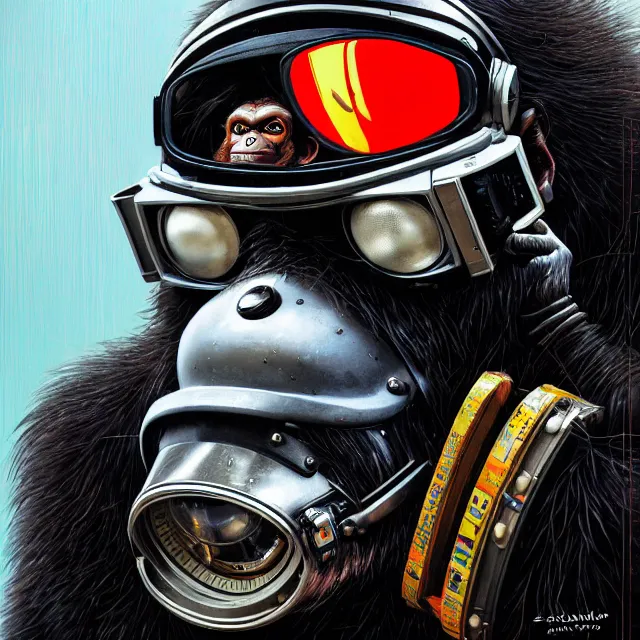 Image similar to a portrait of an anthropomorphic cyberpunk chimp in a crash helmet by sandra chevrier, detailed render, tape deck, boombox, epic composition, cybernetics, 4 k realistic, cryengine, realistic shaded lighting, sharp focus, masterpiece, by matteo scalera, gary montalbano, peter elson in the style of the tokyo ghost comic