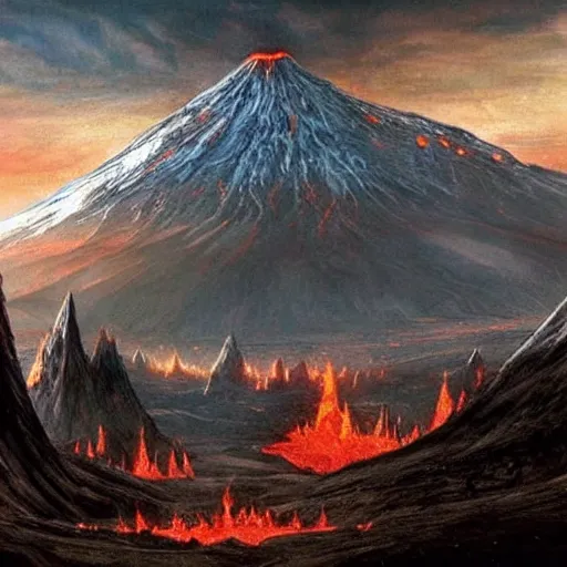 Prompt: mordor was a black, volcanic plain in the southeast of middle - earth to the east of gondor, ithilien, and the great river anduin. mordor was chosen by sauron as his realm because of the mountain ranges surrounding it on three sides, creating a natural fortress against his enemies