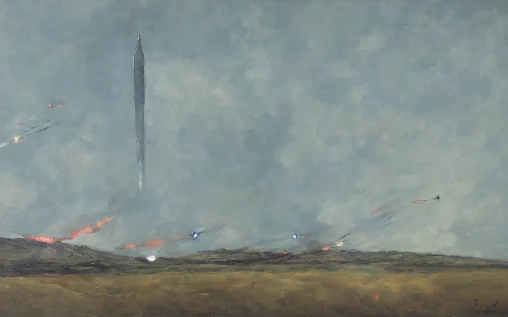 Prompt: rockets, ominous, oil on canvas, by edelfelt