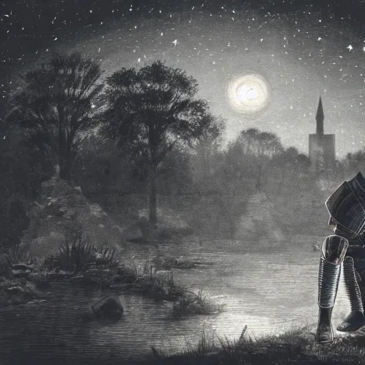 Image similar to a knight in full plate armor, sitting on his knees in a small pond, with a crumbling tower in the background, and stars in the night sky. Monochromatic, dreamlike