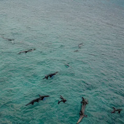 Prompt: wide view of a sea full of sharks