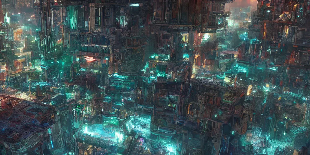 Image similar to a mayan city in the future with sunshaft, bloom, depth of field, rendered in unreal engine, with slow flash sync, kodak film, realistic, craig mullins style, realistic style, neon lighs, chrome, cyberpunk, digital art