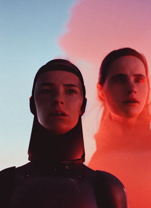 Image similar to cinestill 5 0 d photographic portrait of two loving female androids wearing rugged black techwear on a desolate plain with a red sky, extreme closeup, cyberpunk style, garters, dust storm, 8 k, hd, high resolution, 3 5 mm, f / 3 2, ultra realistic faces, ex machina