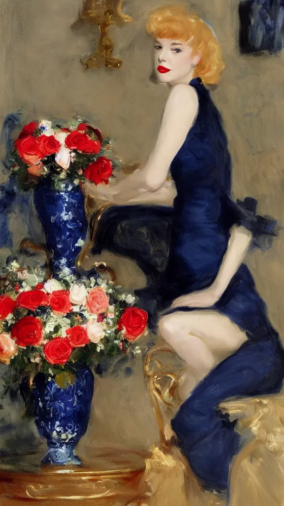 Prompt: young julee cruise in detailed golden lace navy dress beside a pot of red roses set near a persian blue detailed pot by john singer sargent