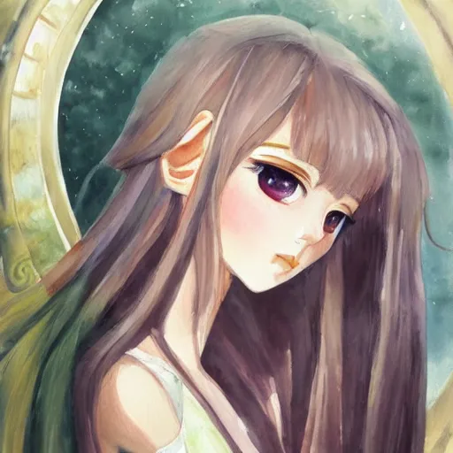 Image similar to oil WATERCOLOR painting of a beautiful pretty pure kawaii cute lovely innocent elegant hot nice sweet girly feminine long hair anime ELF waifu sister girl Trending on Pixiv