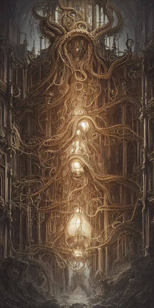 Image similar to group of mankind species mages with enormous octopus heads and jellyfish floating around inside an ancient mage castle hall colossal scale, gothic and baroque, brutalist architecture, ultradetailed, intricate details by Ellen Jewett and Ayami Kojima