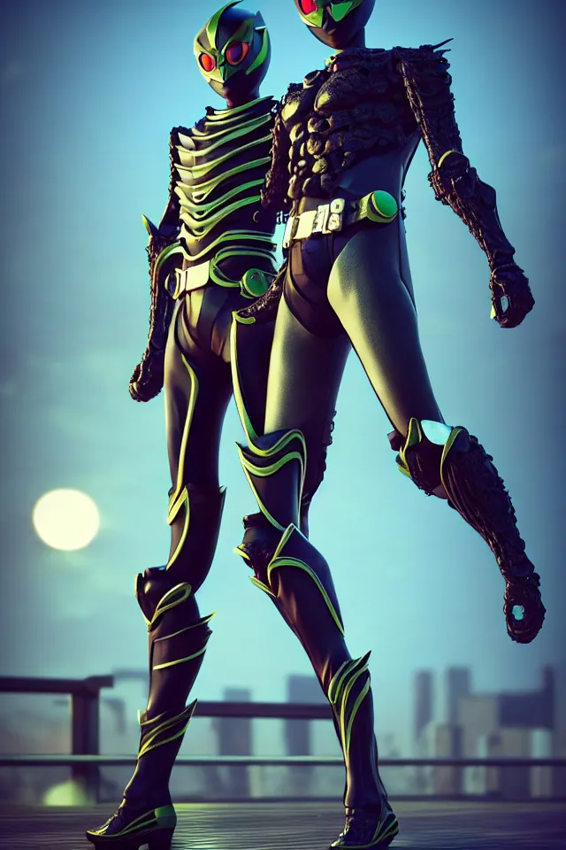 Image similar to kamen rider big belt hero sction pose, full body portrait, human structure bee concept art, human anatomy, intricate detail, hyperrealistic art and illustration by irakli nadar and alexandre ferra, blurry and sharp focus, on future tokyo night rooftop, unreal 5 engine highlly render, global illumination