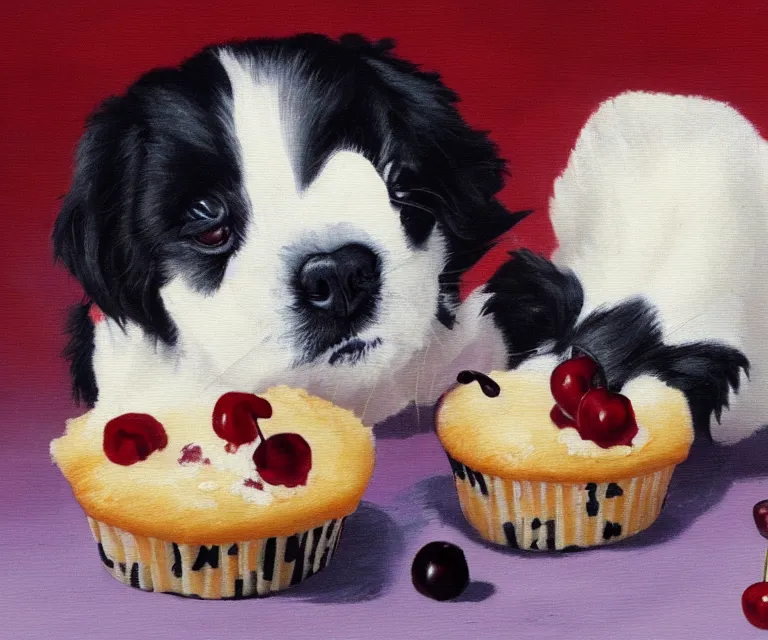 Image similar to white and black japanese chin dog eating cherry muffins, oil painting