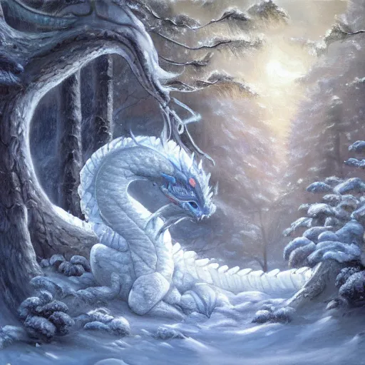 Prompt: detailed oil painting of a snow dragon sleeping in a winter forest, D&dD fantasy style, trending on Artstation