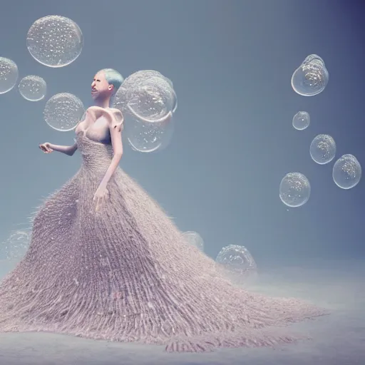 Image similar to medium shot of a woman wearing an armor made of thousands of bubbles. soft. fragile. by ray caesar. by louise dahl - wolfe. by anna claren. surreal photography. octane render