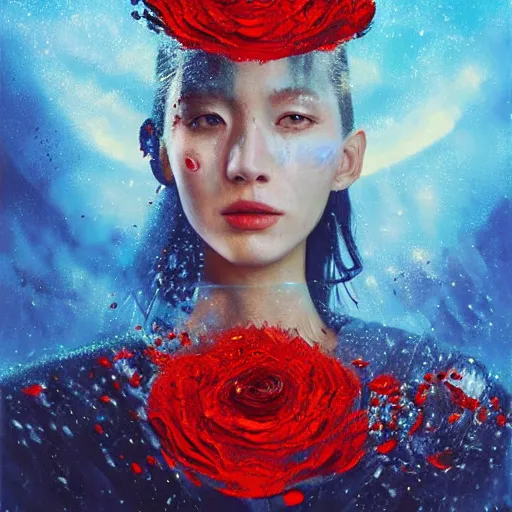 Image similar to 3 d, sci - fi, close - up, morning, smiling fashion model face, sun, cinematic, clouds, sun rays, vogue cover style, poster art, blue mood, realistic painting, intricate oil painting, high detail illustration, small red roses, figurative art, multiple exposure, poster art, by tooth wu and wlop and beeple and greg rutkowski