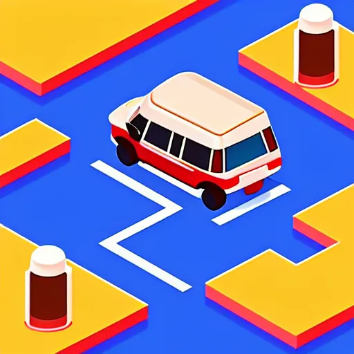 Prompt: isometric top-down driving game, hilly track, jumps, obstacles on the road, isometric, arcade, retro, mame, pixel graphics, tube display filter