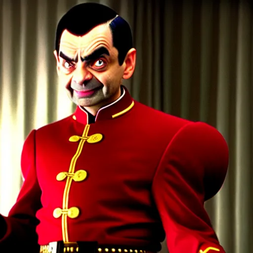 Image similar to mr. bean as m. bison from the streetfighter movie. movie still. cinematic lighting.