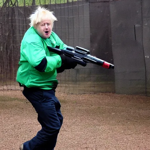 Prompt: Boris Johnson playing paintball, he is losing