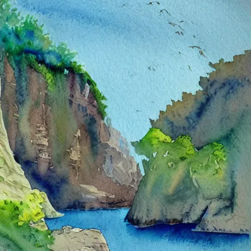 Image similar to detailed watercolor of a lush natural scene on an alien planet by stephen quiller. beautiful landscape. weird colourful vegetation. cliffs and water.