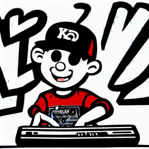 Image similar to cartoon line drawing illustration, in fine detail, of a kid wearing a baseball cap, playing a Korg MS-20 synthesizer, in the style of The Beano, sharpie, black and white, long shot, white background, marker pen, graffiti character, 90s cartoon, Dennis the menace, Calvin and hobbies