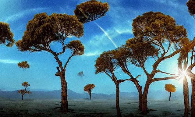 Image similar to beautiful panorama of many magnificent big upside-down raindrops in a perfect cloudless blue sky above a dried up river, desolate land, dead trees, blue sky, hot and sunny highly-detailed, elegant, dramatic lighting, artstation, 4k, cinematic landscape, masterpiece photograph by National Geographic